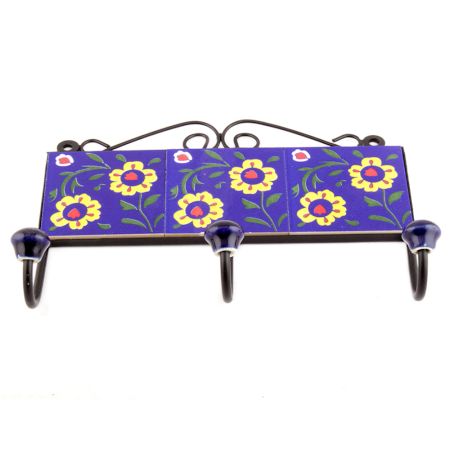 Navy Blue Yellow Ceramic Floral Tiles Hooks